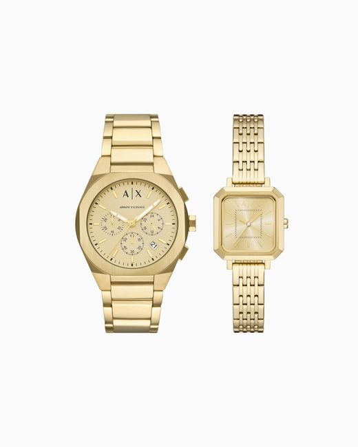 ARMANI EXCHANGE Metallic Sync Chronograph-Tone Stainless Steel Watch Pair Gift Set for men