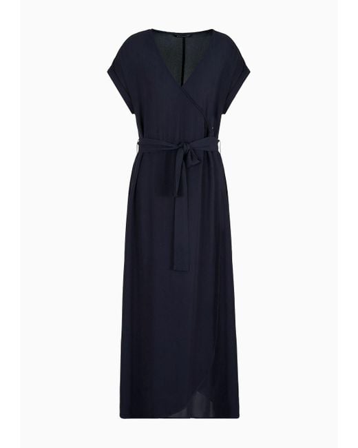 Armani Exchange Blue Long V-neck Sash Georgette Dress