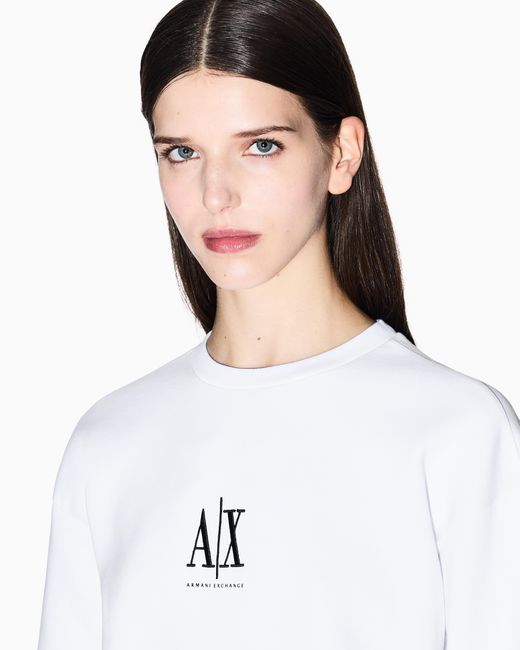 ARMANI EXCHANGE White Crew-Neck Stretch Cotton Sweatshirt With A Logo Icon