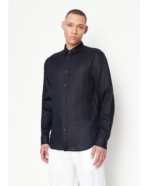 Armani Exchange Blue Regular Fit Linen Shirt for men