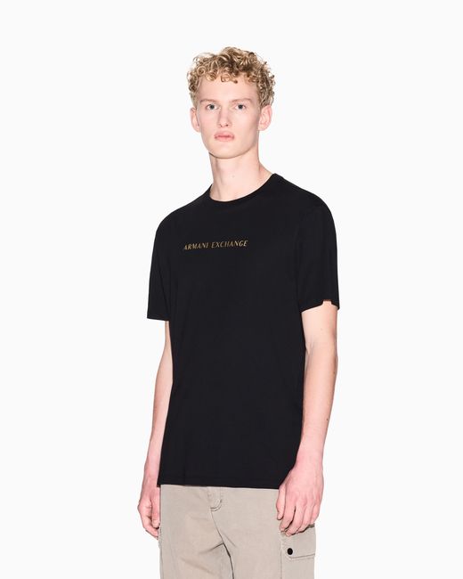 ARMANI EXCHANGE Black Regular Fit Jersey T-Shirt With Metal Logo for men