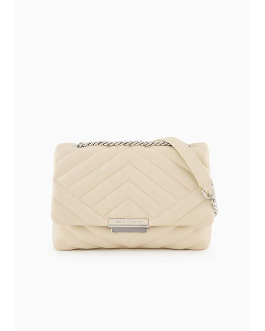 Armani Exchange Natural Shoulder Bag In Quilted Material With Metal Details