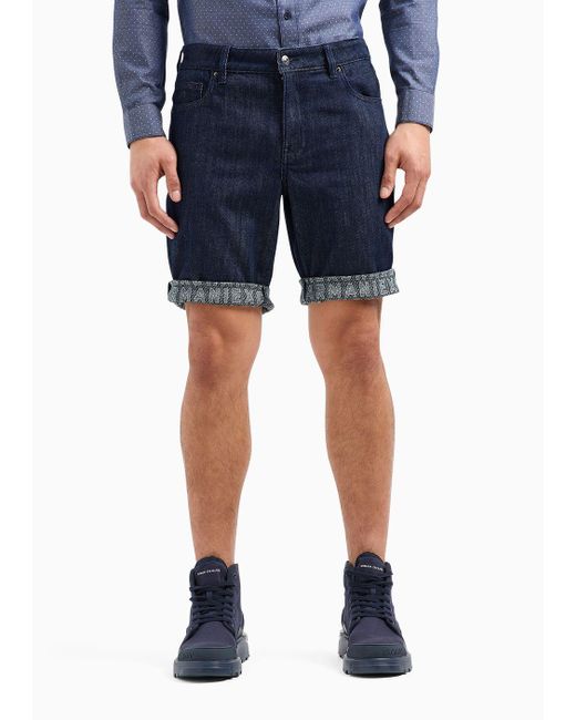 Armani Exchange Blue J65 Stretch Denim Shorts With Turn-up Hem for men