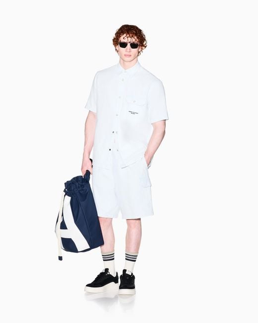 ARMANI EXCHANGE White Light Wash Denim Bermuda Shorts With A Used Effect for men