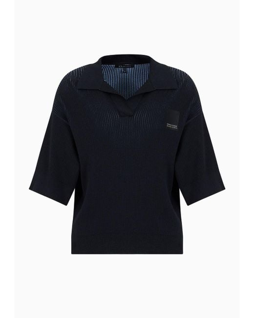 Armani Exchange Blue Knitted Polo Shirt With V-neck And Logo