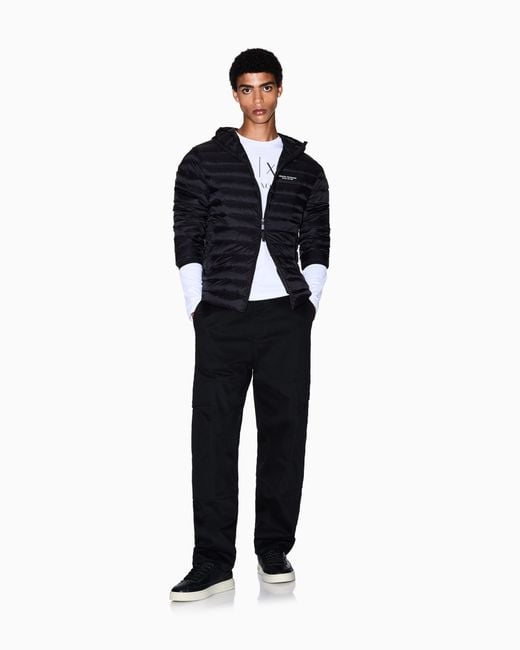 ARMANI EXCHANGE Black Quilted Nylon Down Puffer Jacket With Hood Essential for men