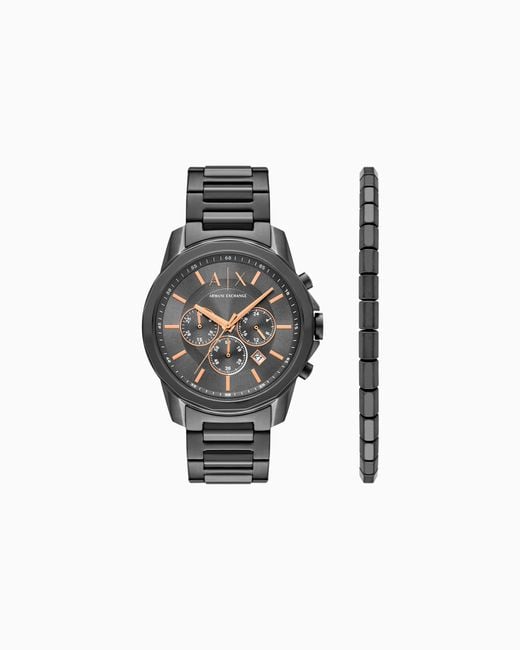 ARMANI EXCHANGE White Chronograph Gunmetal Stainless Steel Watch And Bracelet Gift Set for men