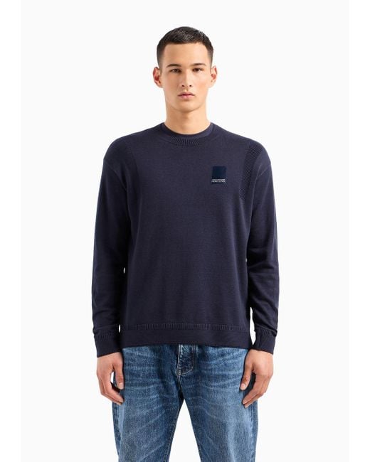 Armani Exchange Blue Asv Organic Cotton Crew-neck Sweater With Patch for men
