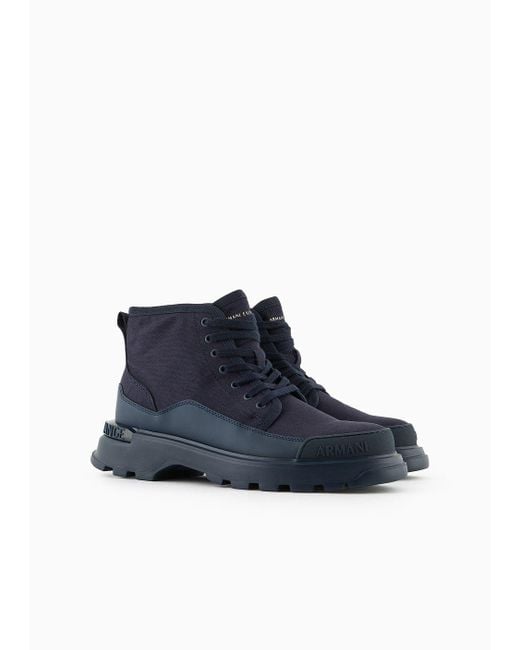 Armani Exchange Blue Cotton Canvas Combat Boots With Coated Rubber for men