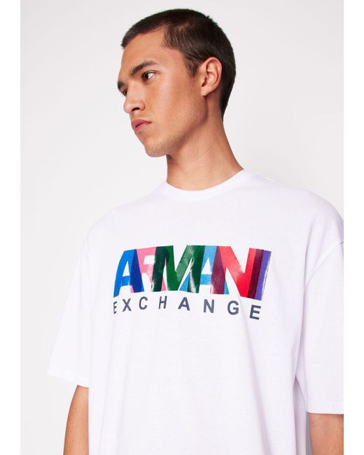 Armani Exchange White Relaxed Fit Jersey T-shirt With Multicolor Logo for men