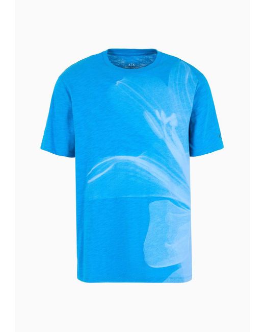 Armani Exchange Blue Regular Fit Cotton T-shirt With Maxi Foliage Print for men