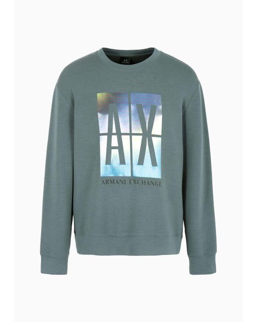 Armani Exchange Blue Crew-neck Sweatshirt With Maxi A|x Photographic Print for men