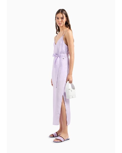 Armani Exchange Purple Long Dress With Belt In Satin Jacquard