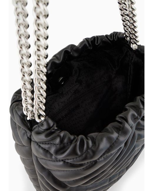 Armani Exchange Black Bucket Bag In Quilted Material With Metal Details