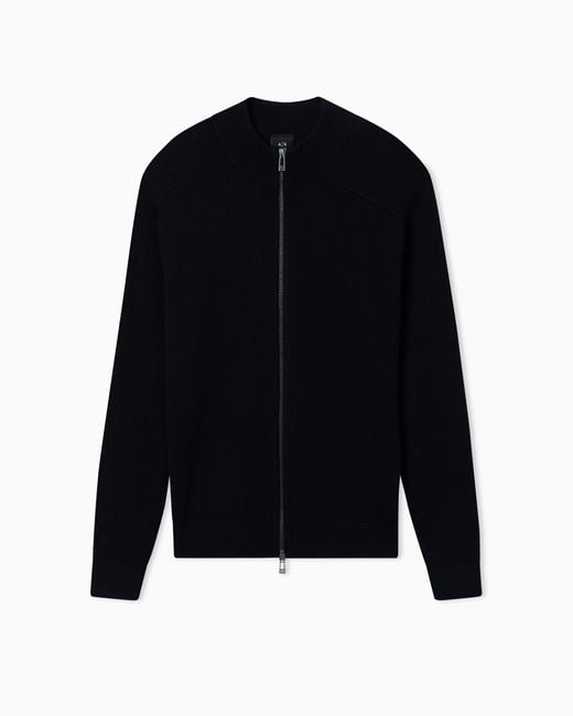ARMANI EXCHANGE Blue Cotton And Wool Cardigan With Ribbed Knitting for men