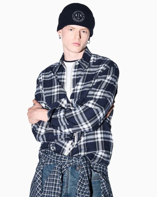 ARMANI EXCHANGE Blue Beanie Hat Wool-Cotton Mix for men