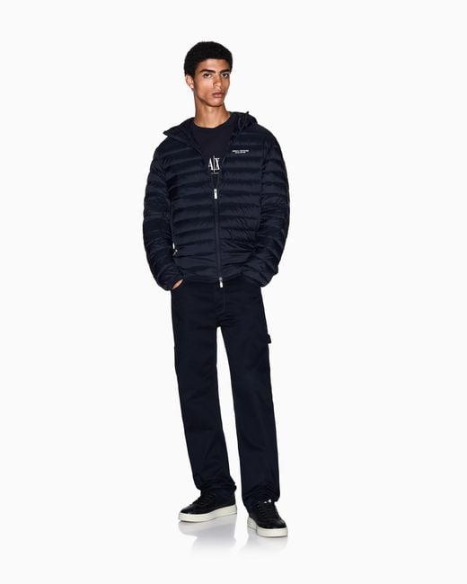 ARMANI EXCHANGE Blue Quilted Nylon Down Puffer Jacket With Hood Essential for men