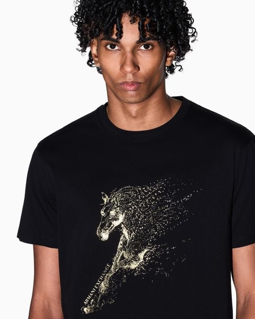 ARMANI EXCHANGE Black Regular Fit Mercerized Cotton Jersey T-Shirt With Horse for men