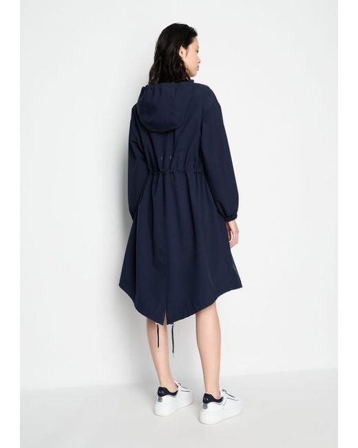 Armani Exchange Blue Trench Coat In Laminated Fabric With Hood
