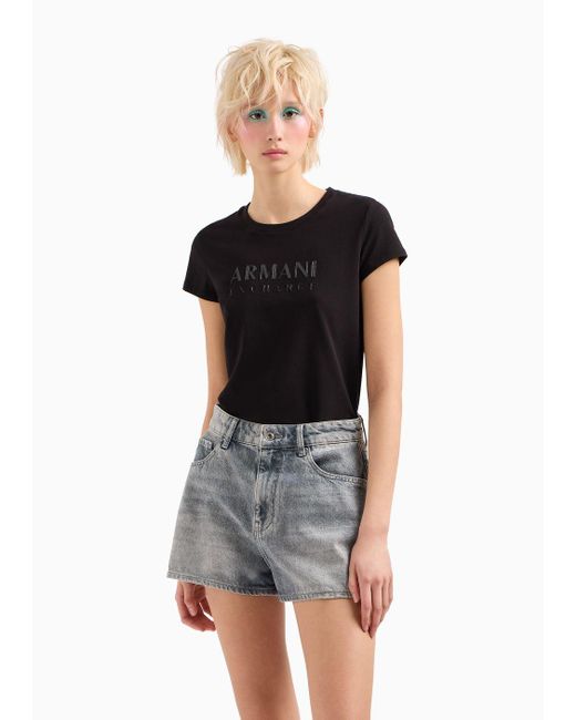 T-shirt Slim Fit In Cotone Organico Stretch Asv Con Logo Glitterato di Armani Exchange in Black