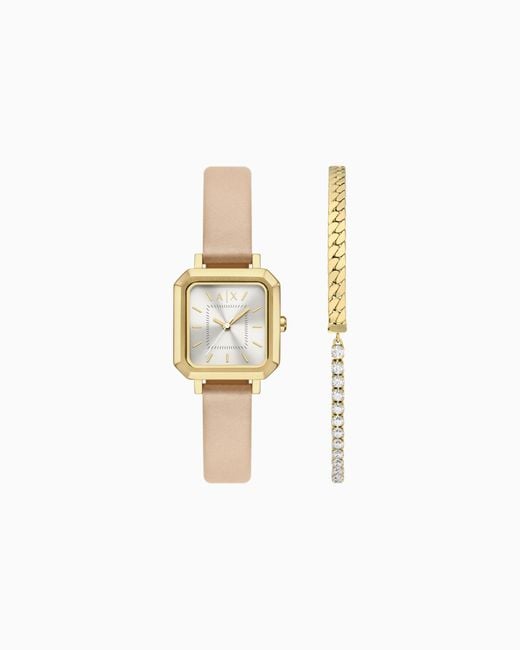 ARMANI EXCHANGE White Three-Hand Nude Leather Watch And Bracelet Gift Set