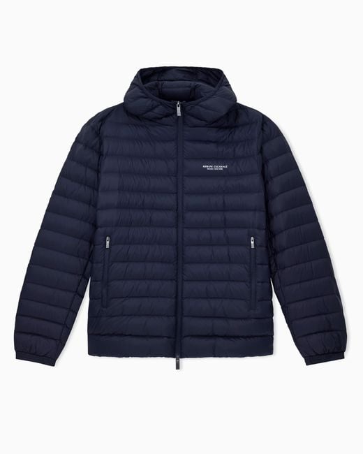 ARMANI EXCHANGE Blue Quilted Nylon Down Puffer Jacket With Hood Essential for men