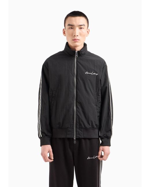 Armani Exchange Black Full Zip Blouson In Crinkle Fabric With Logo On The Chest for men