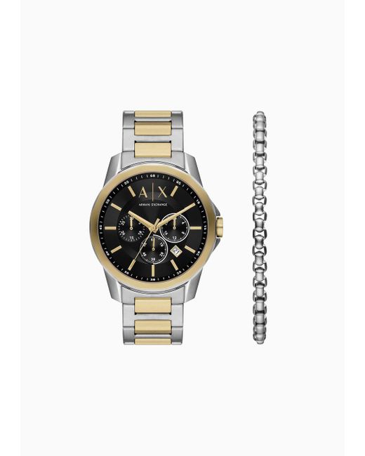 Armani Exchange White Chronograph Two-tone Stainless Steel Watch And Bracelet Set for men
