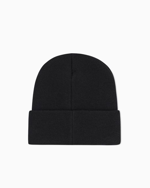 ARMANI EXCHANGE Black Knit Beanie Essential With A Folded Cuff And Embroidery for men