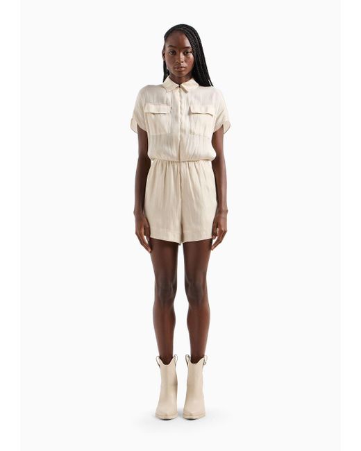 Armani Exchange Natural Short-sleeved Jumpsuit In Shiny Creponne