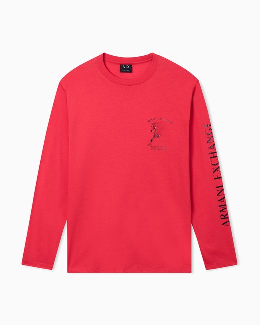 ARMANI EXCHANGE Red Long-Sleeved Mercerized Cotton Jersey T-Shirt With Horse for men