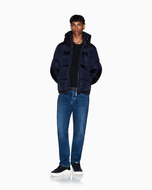ARMANI EXCHANGE Blue Hooded Down Jacket With An Ultralight Quilted Design Icon for men