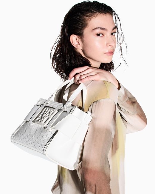 Shopper Piccola Traforata Con Fascia Logo di ARMANI EXCHANGE in White