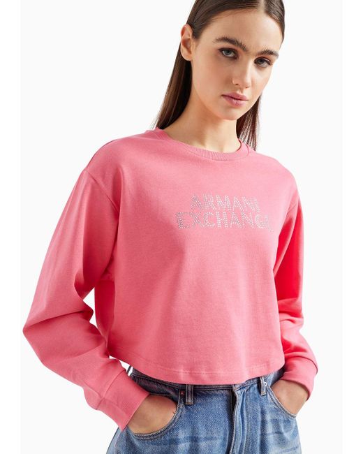 Armani Exchange Red Cropped Sweatshirt With Logo In Asv Organic Cotton