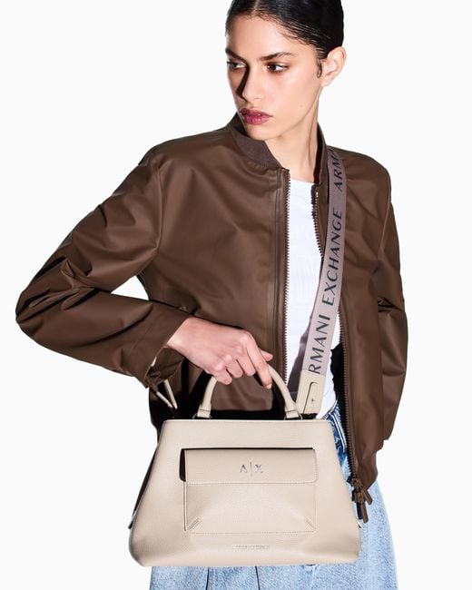 ARMANI EXCHANGE White Textured Handbag With Structured Top Handle And Flap Pocket
