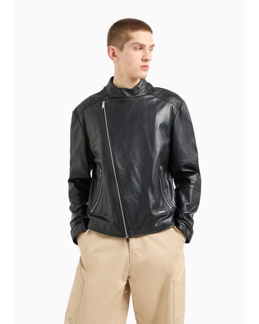 Armani Exchange Black Genuine Leather Biker Jacket for men