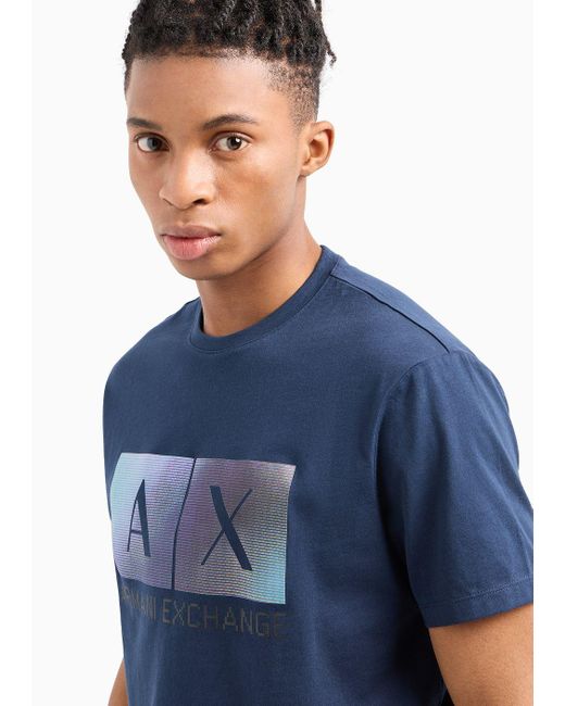 Armani Exchange Blue Regular Fit Cotton T-shirt With Maxi Logo Print for men