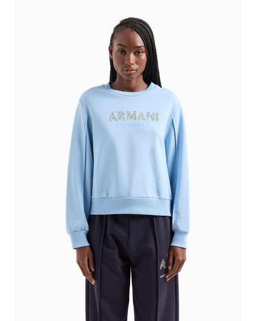 Armani Exchange Blue French Terry Crewneck Sweatshirt With Logo