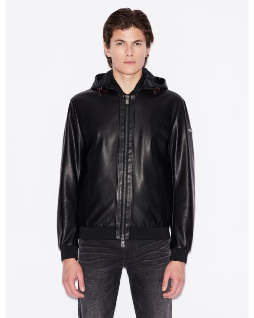 Armani Exchange Black Hooded Faux-leather Jacket for men