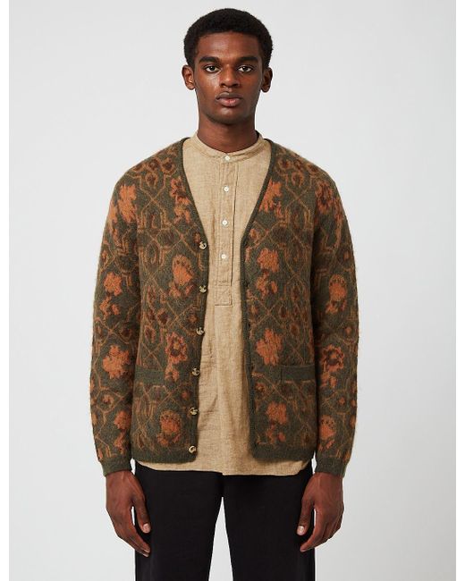 Beams Plus Synthetic Botanical Pattern Jacquard Cardigan in Green for 