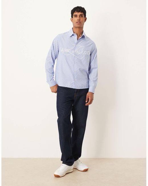 ASOS Blue Relaxed Fit Striped Shirt With Embroidery for men