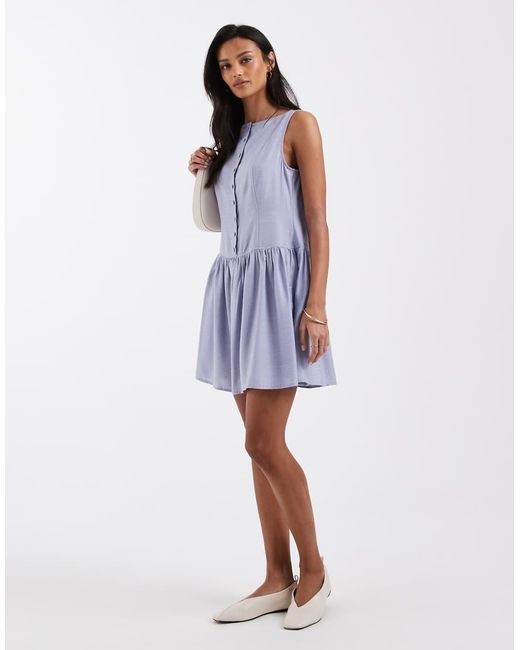 Brave Soul Blue Slash Neck Button Down Dropped Waist Mini Dress