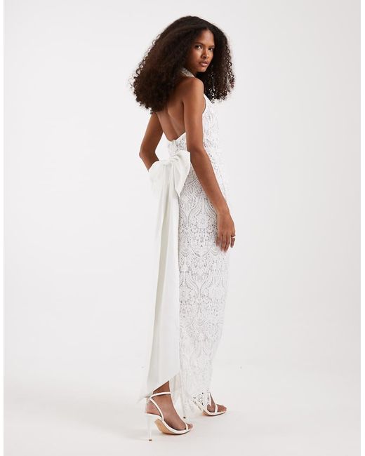 TFNC London White Bridal Halter Neck Bow Back Lace Maxi Dress