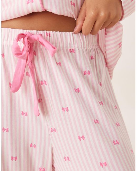 Boux Avenue Pink Long Sleeve Bow Stripe Revere And Pant Set