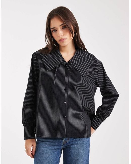 Wednesday's Girl Black Collar Detail Pinstripe Oversized Blouse