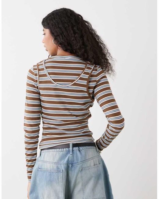 Collusion Gray Long Sleeve Double Layer Striped Top