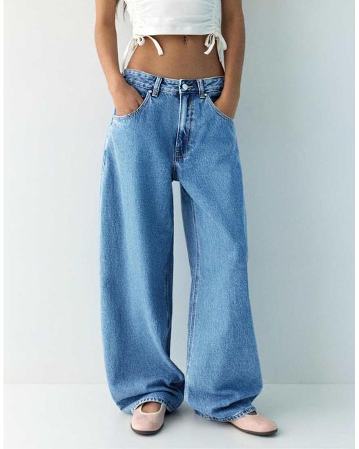 Pull&Bear Blue Balloon Fit Jeans With Embroidered Text