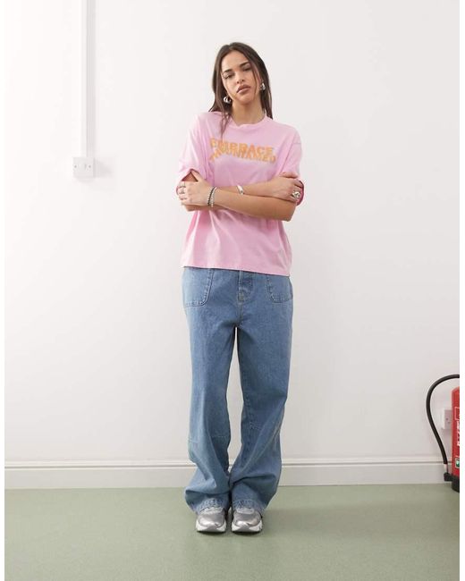 Noisy May Oversized T-Shirt Met Slogan Aan De Voorkant in het Pink