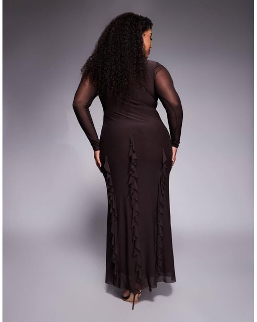 ASOS Purple Asos Design Curve Mesh Long Sleeve Maxi Dress With Waterfall Ruffle Skirt Detail