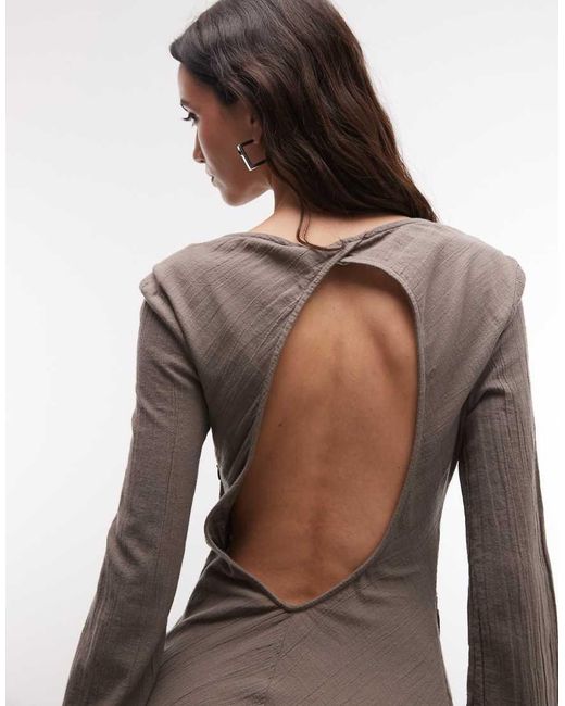 Weekday Natural Crinkle Long Sleeve Mini Dress With Open Back And Asymmetric Hem